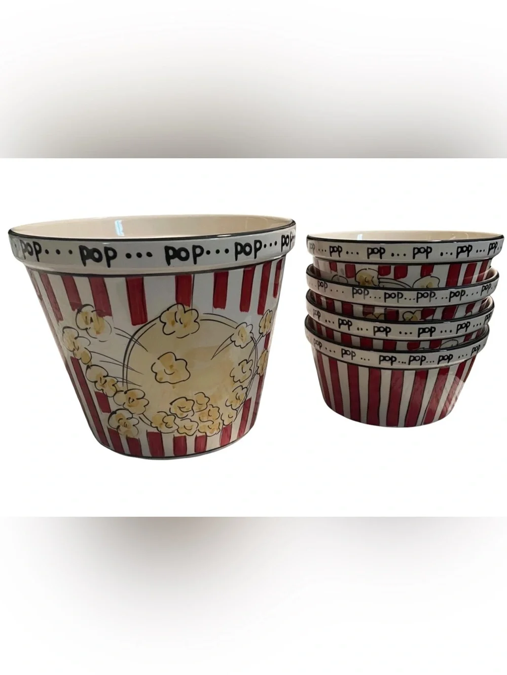 Ceramic 7 Piece Popcorn Family Set - Tub, Bowls, Salt Shakers Kitchen Prep 101